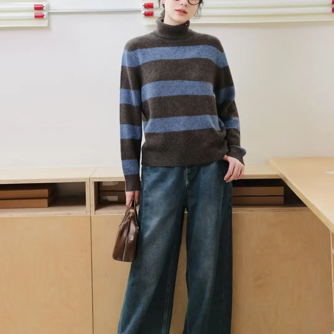 柚丁条纹针织长袖圆半高领毛针织衫秋冬宽松加厚
