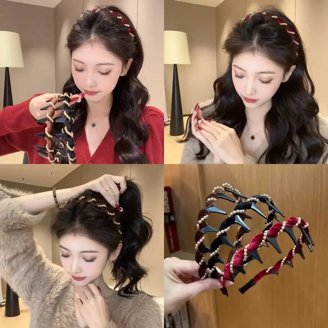 复古丝绒波浪珠珠发箍女秋冬洗脸防滑发捆时尚洋气高颅顶头箍发饰