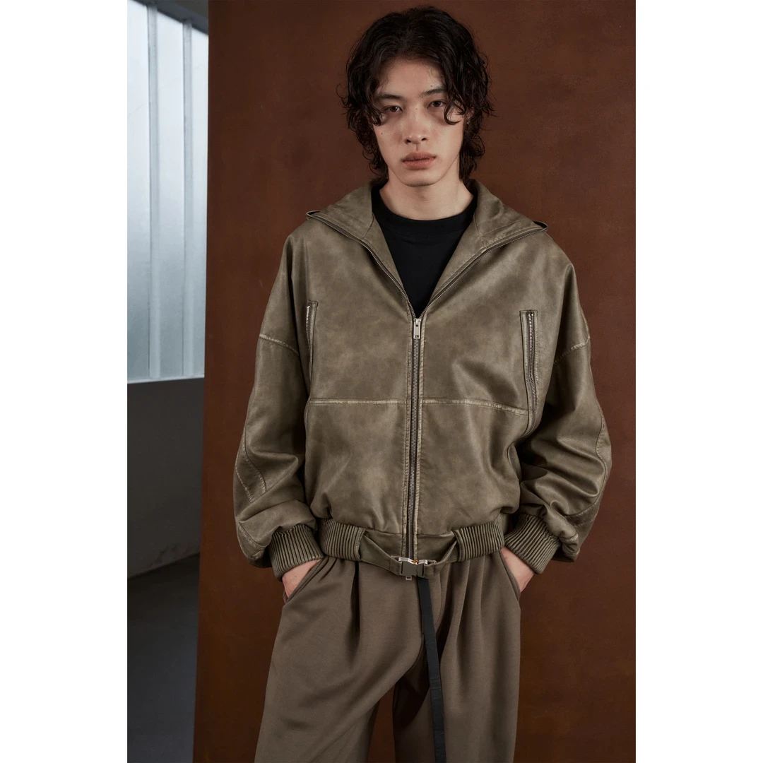 5TM丨H-Performance仿丹麦小牛皮简约缎面蝙蝠袖休闲男外套夹克