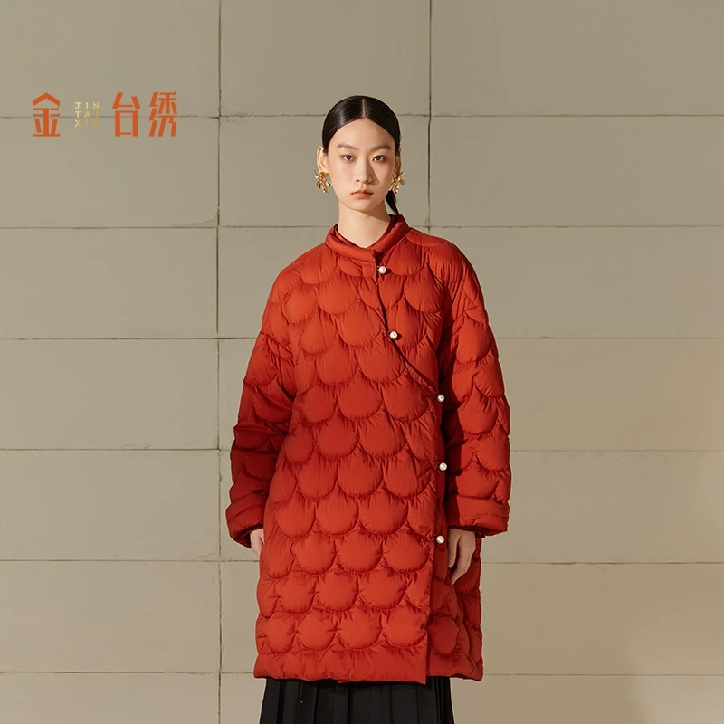 金台绣新中式女中长款斜襟小立领肌理感外套冬季J36937