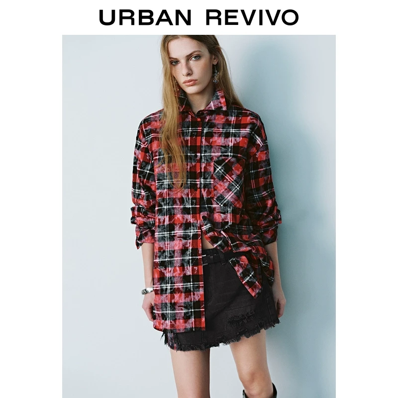 UR2025秋季新款女装潮流复古格纹长袖开襟衬衫UYV250007