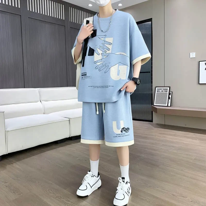 夏季休闲运动套装男T恤短裤套装ins薄款宽松百搭学生帅气两件套潮