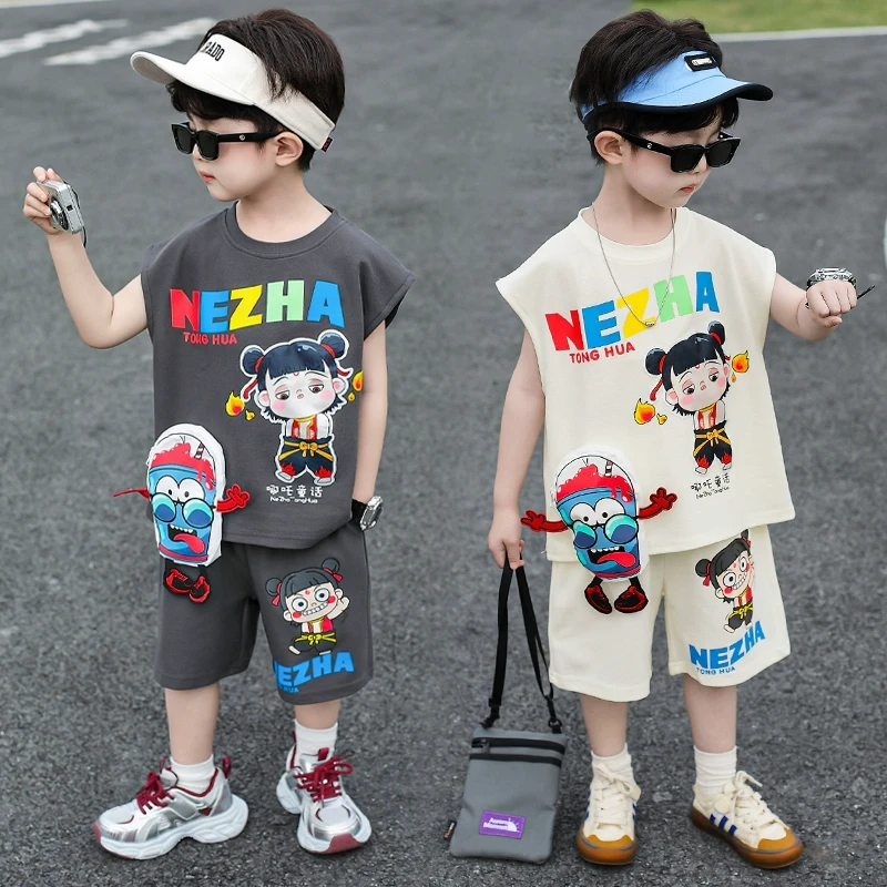 男童哪吒无袖套装2025新款酷帅洋气男孩宝宝薄款背心短裤运动衣服