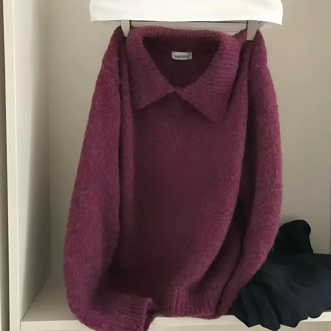 秋冬新款女慵懒风翻领花线套头针织衫上衣