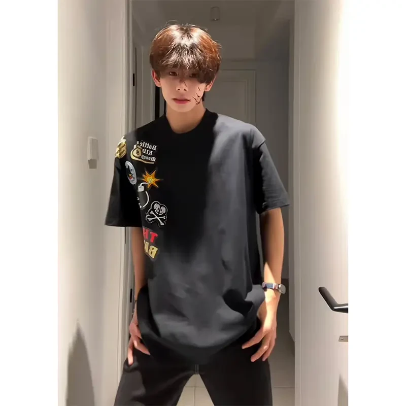 卡通涂鸦印花短袖男生夏季小领口情侣T恤美式五分袖