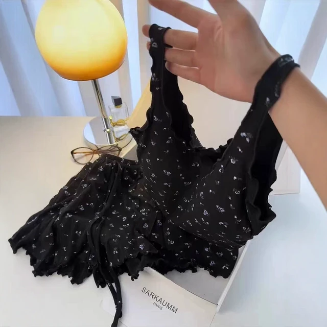 法式黑色碎花带胸垫吊带睡衣女款2025夏季舒适亲肤短裤家居服套装