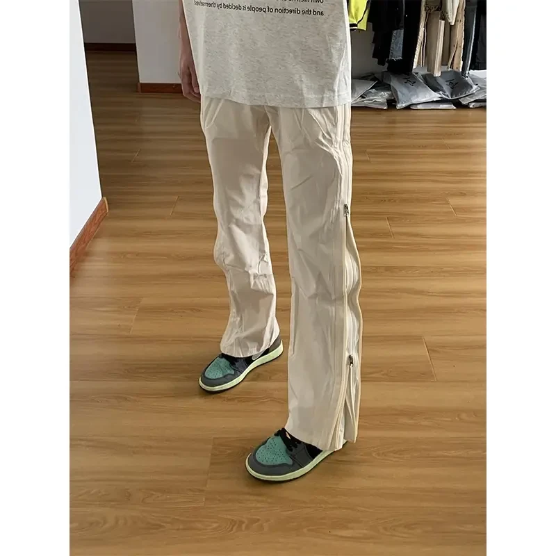 米白色冲锋裤男夏季薄款户外机能工装裤美式侧拉链直筒vibe微喇裤