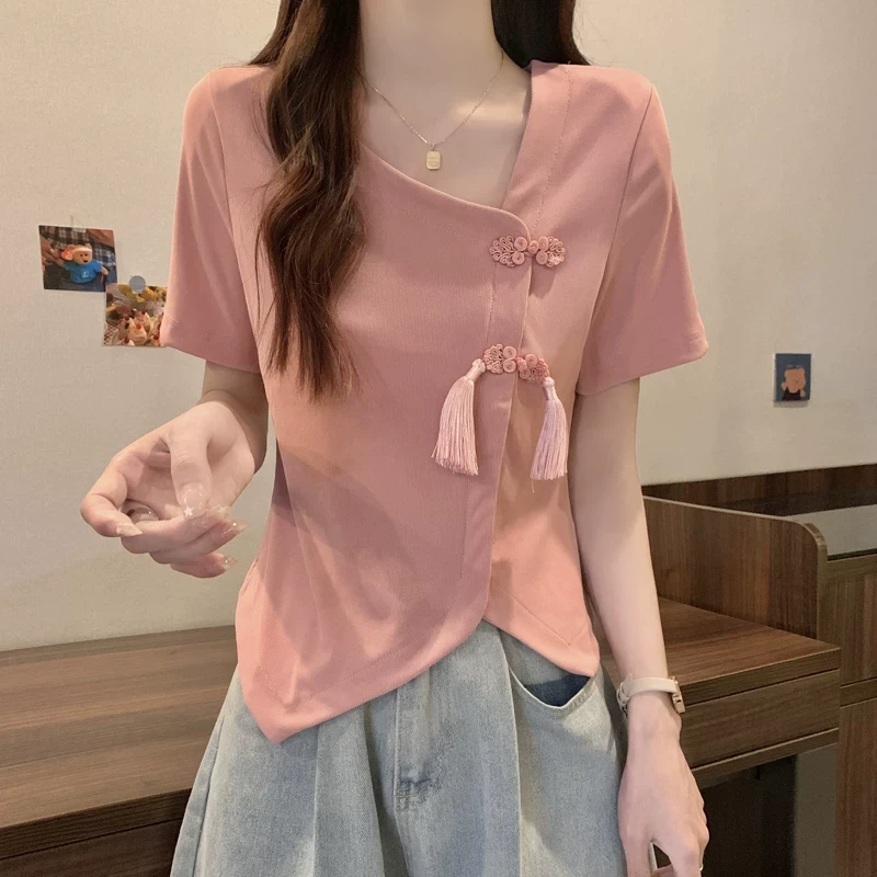 大码国风盘扣上衣夏季胖遮肚显瘦正肩新中式不规则领恤短袖女