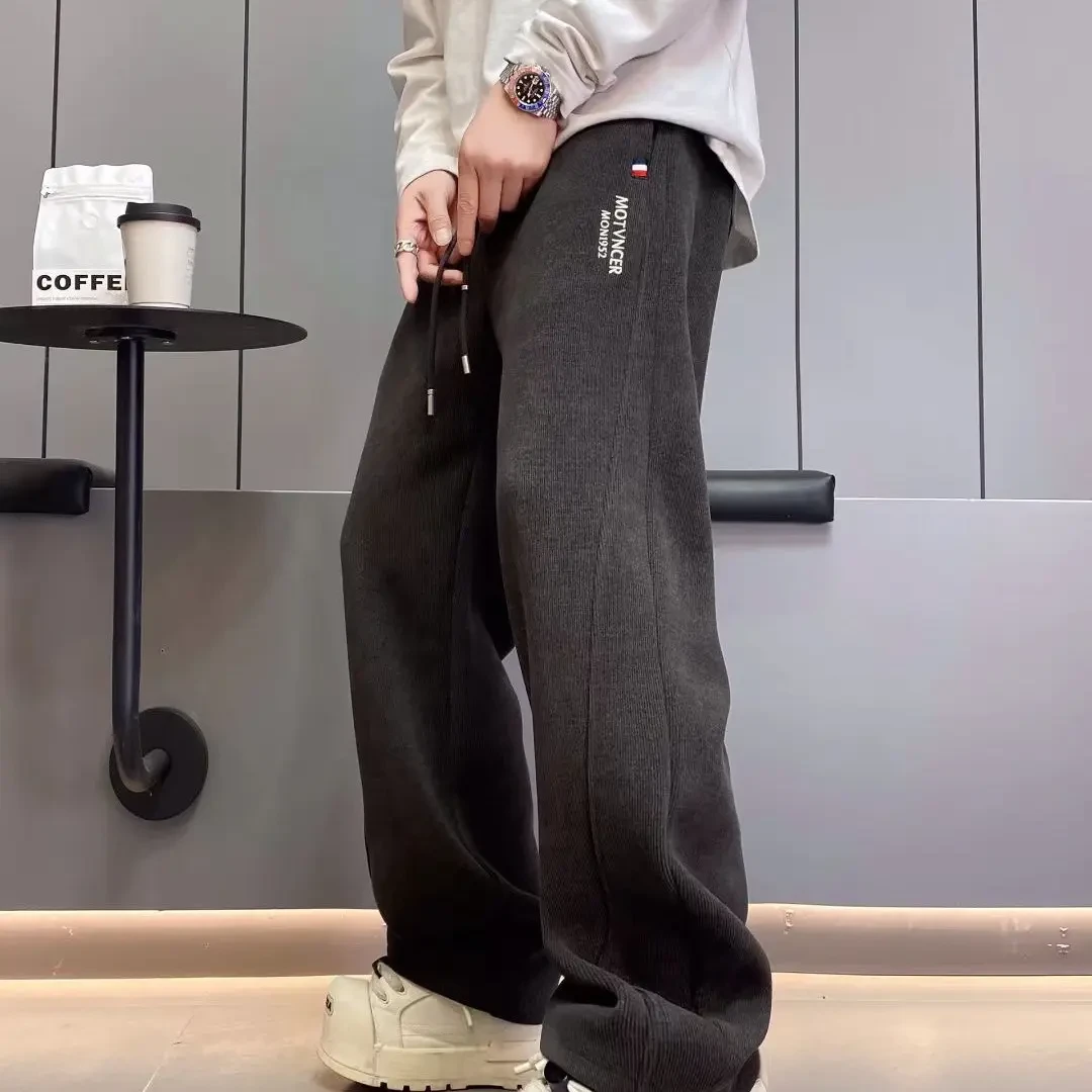 冬季新款男士潮流加绒加厚直筒宽松运动百搭刺绣休闲长裤1185