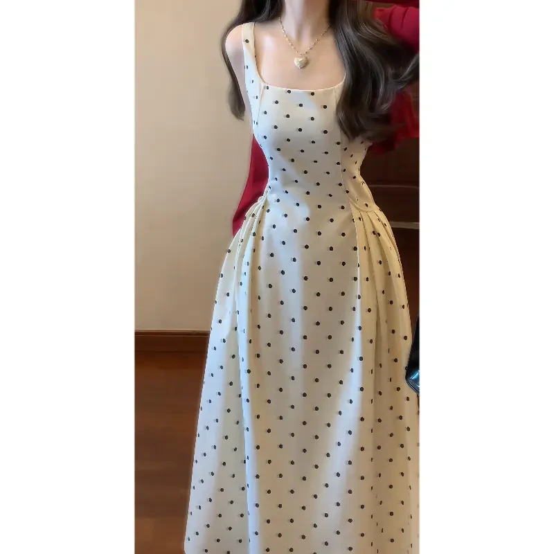 法式温柔方领波点背带连衣裙收腰皱褶大摆长裙&防晒空调开衫套装