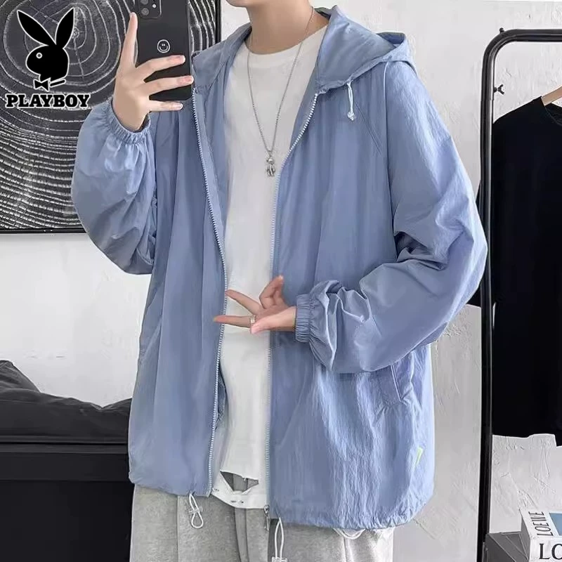 花花公子冰丝防晒衣男士潮流男生休闲夏季超薄户外连帽外套夹克男