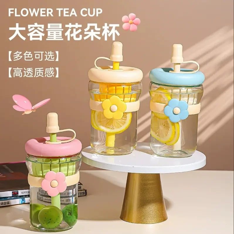 新款可爱马卡龙玻璃杯吸管杯茶水分离便携杯子礼品杯创意简约水杯