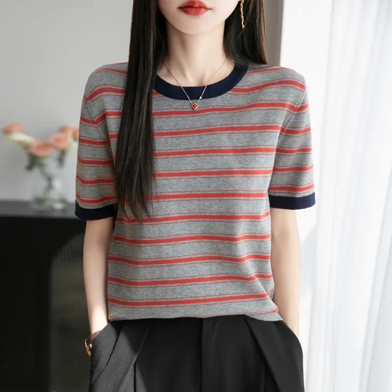 哥弟阿玛施正品夏季新款针织衫圆领纯棉宽松花条纹短袖T恤棉上衣