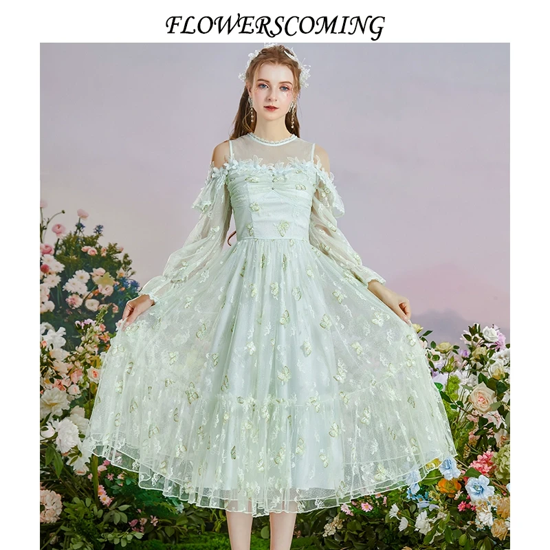 花儿开了2025春季新款网纱刺绣仙气收腰显瘦中长款连衣裙FOCL502