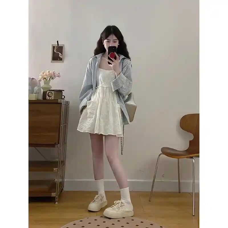 胖MM小个子套装女夏季新款大码修身显瘦吊带裙条纹长袖衬衫两件套