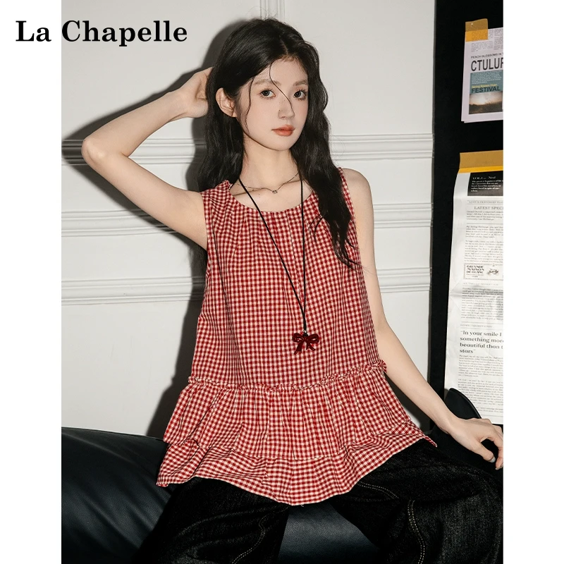 拉夏贝尔甜美韩系蛋糕下摆格子背心衬衫女夏宽松红色别致无袖上衣