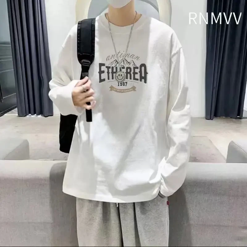 100%纯棉长袖恤男春秋新款港风潮流宽松百搭休闲帅气打底潮牌上衣