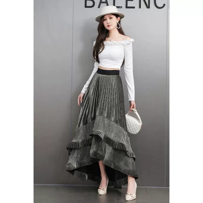 轻奢风设计感光泽优雅不规则拼接百折裙2025秋高级感大摆长裙