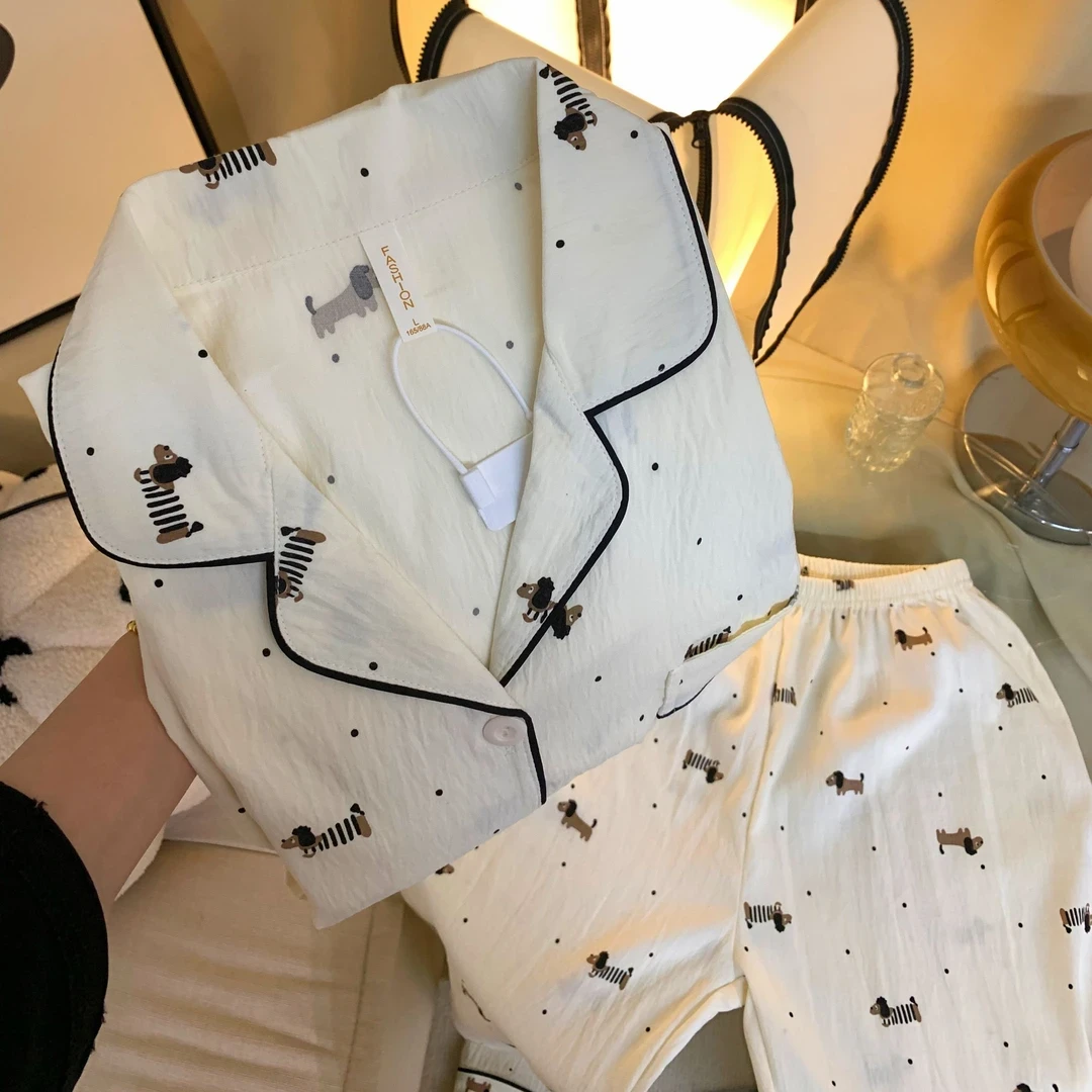 波点腊肠狗韩版ins卡通睡衣女秋季长袖长裤套装学生家居服可外穿