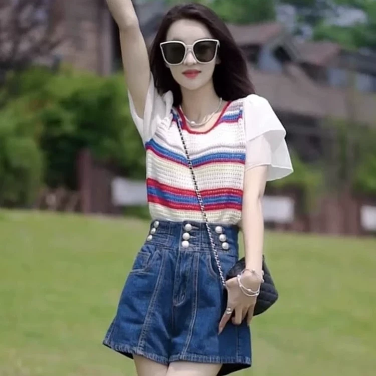 2025夏季新款冰丝镂空针织衫女短袖雪纺拼接洋气薄款减龄条纹上衣