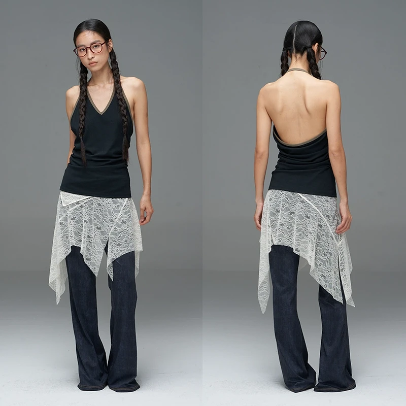 THE ENES 蕾丝拼接P帘微喇弹力垂坠修身显瘦牛仔裤