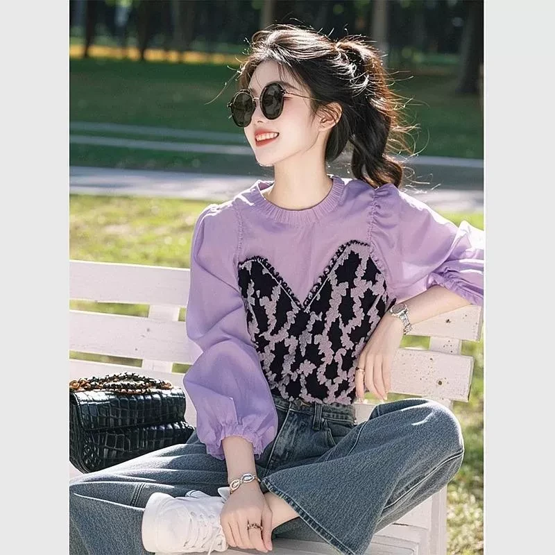 开春穿搭套装2025新款高级感设计小众紫色拼接衬衫牛仔裤两件套女