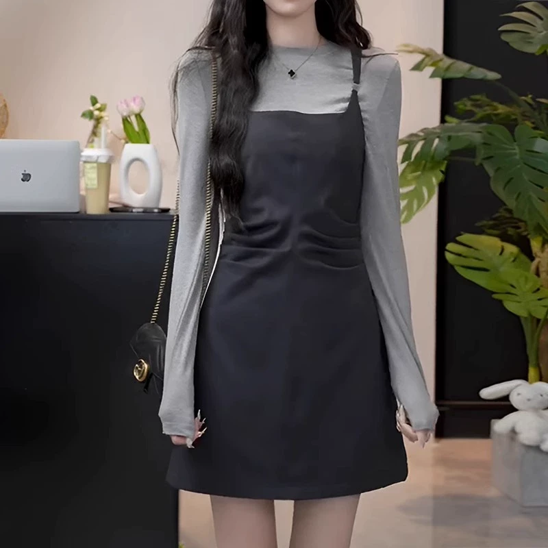 微胖妹妹大码设计感打底吊带皮裙套装女遮肚藏肉连衣裙两件套