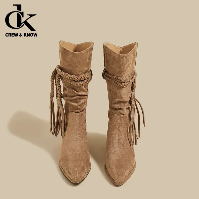 【官网小D&R轻奢正品】美拉德棕色靴子女爆款2025堆堆靴西部牛仔靴