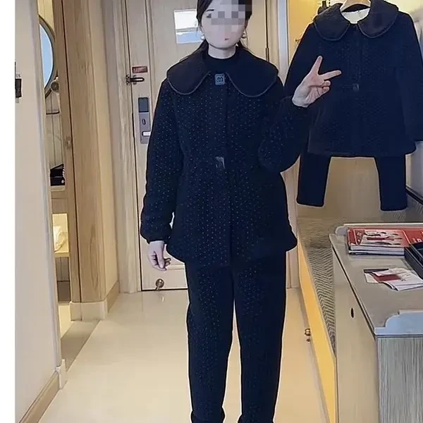 冬季女士升级娃娃领三层夹棉加厚可外穿睡衣家居服套装