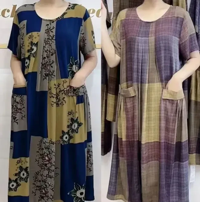 圆领中长款连衣裙夏季新款中老年女装韩版简约遮肉显瘦女