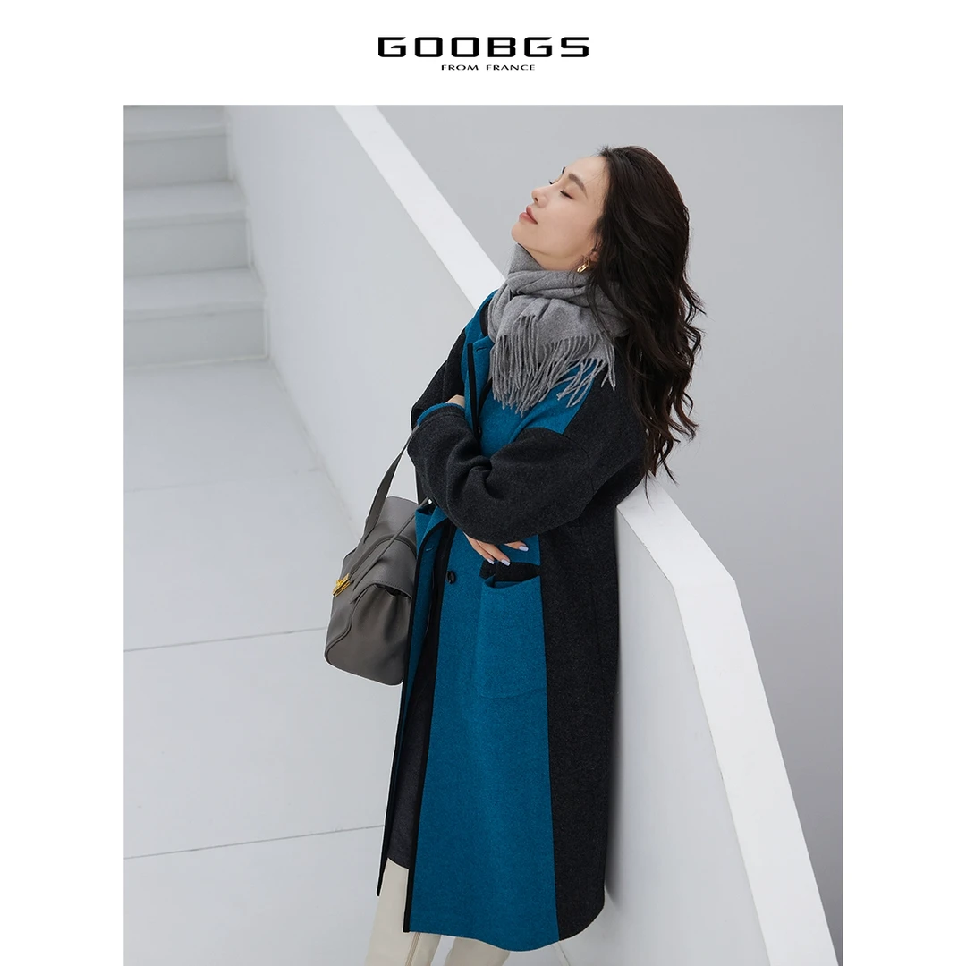 【谷邦L+】绵羊毛蓝黑撞色长款单面呢大衣 G2481086