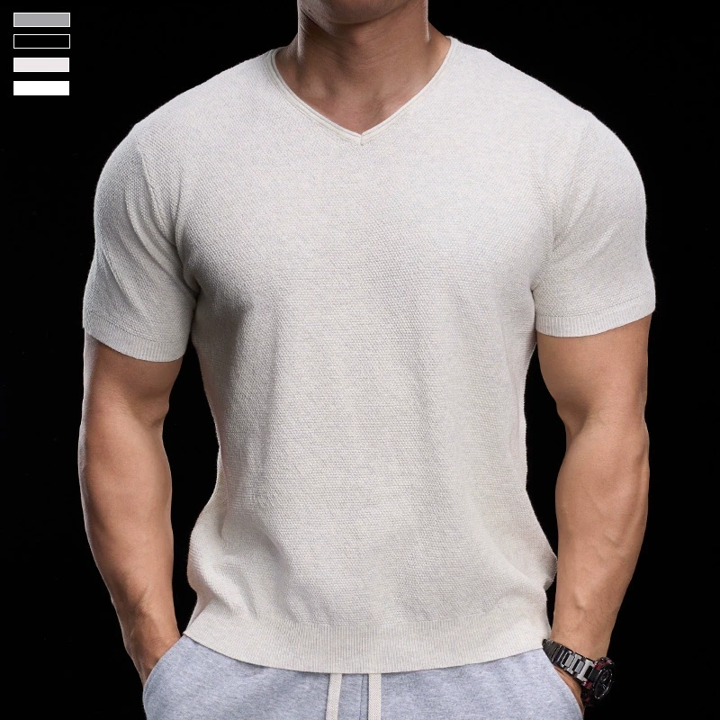 霸道肌肉夏季美式复古男士健身短袖运动短袖针织潮牌宽纯色V领T恤