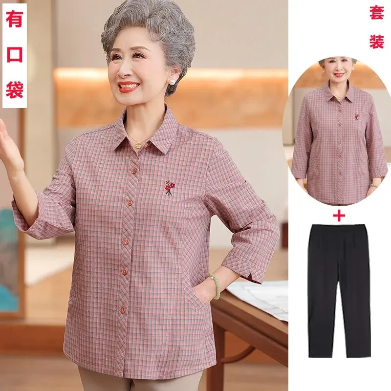 中年妈妈春装长袖纯棉格子衬衫中老年人女夏季洋气上衣服奶奶衬衣