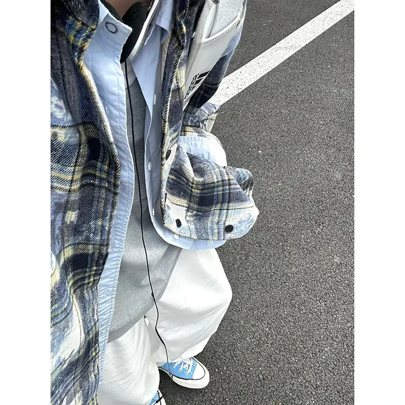 美式复古蓝色扎染格子衬衫男款春秋潮牌vintage磨毛衬衣刺绣外套