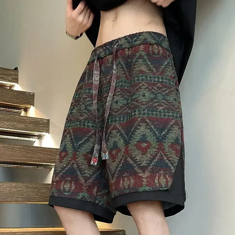 欧美风夏季花纹男士休闲裤美式高街复古潮印花五分裤韩版透气短裤