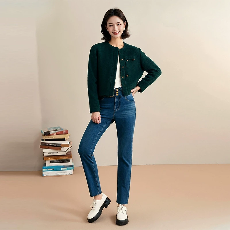 【】高腰时髦修身加绒厚实牛仔裤2024冬季新款七号铺女装