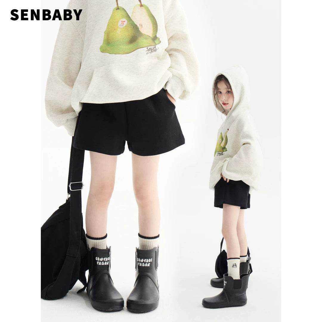 senbaby童装女童2025新款女孩短裤休闲百搭高腰黑色短裤