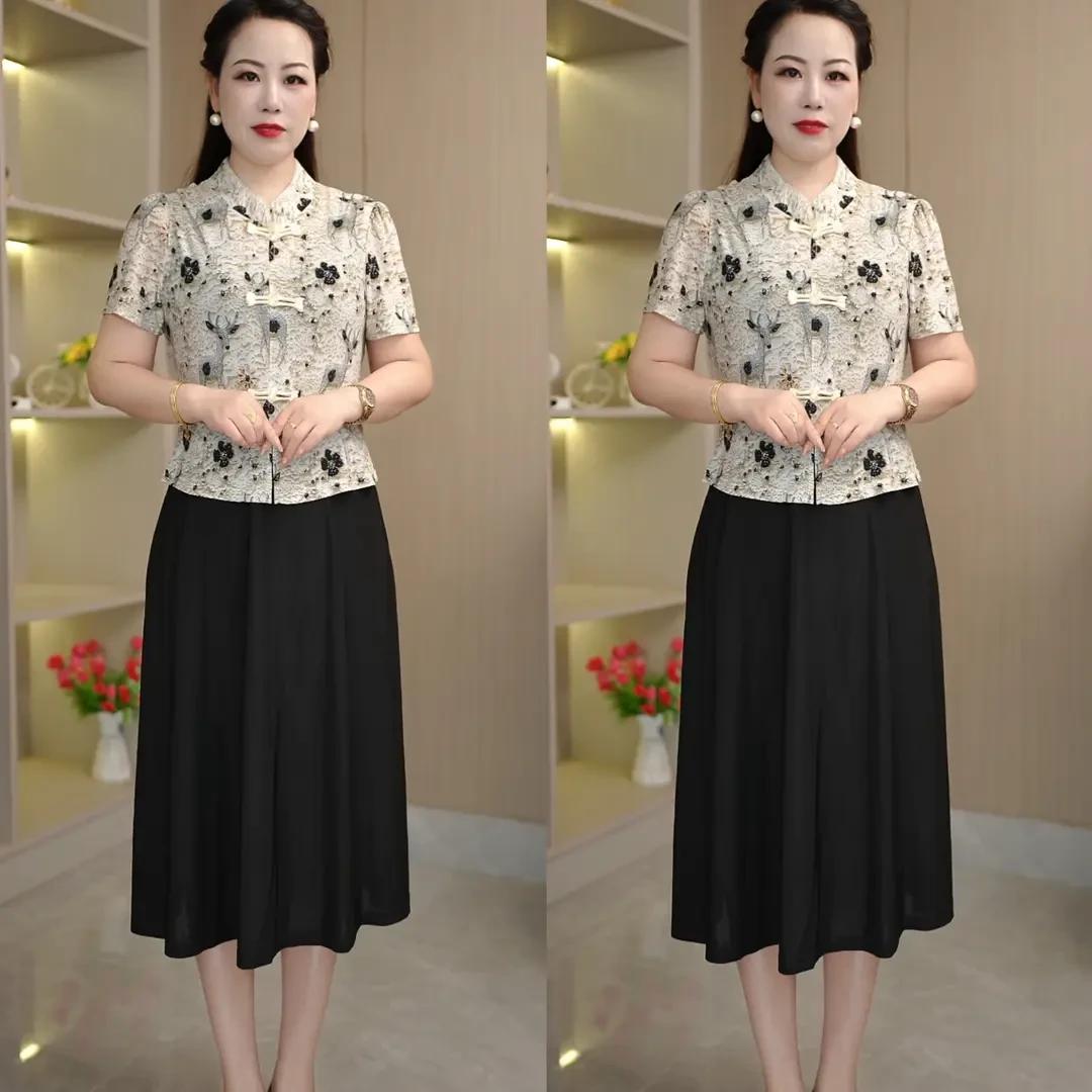 【有口袋】夏季时尚中式假两件连衣裙气质显瘦大码口袋过膝裙子