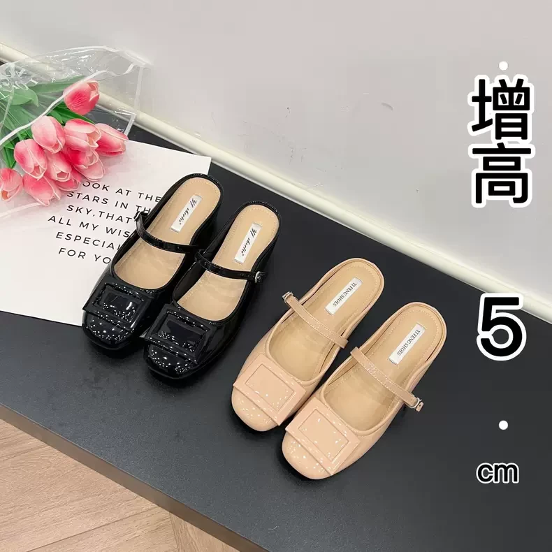 内增高女鞋方扣一字带包头半拖鞋2025开春新款法式圆头玛丽珍拖鞋