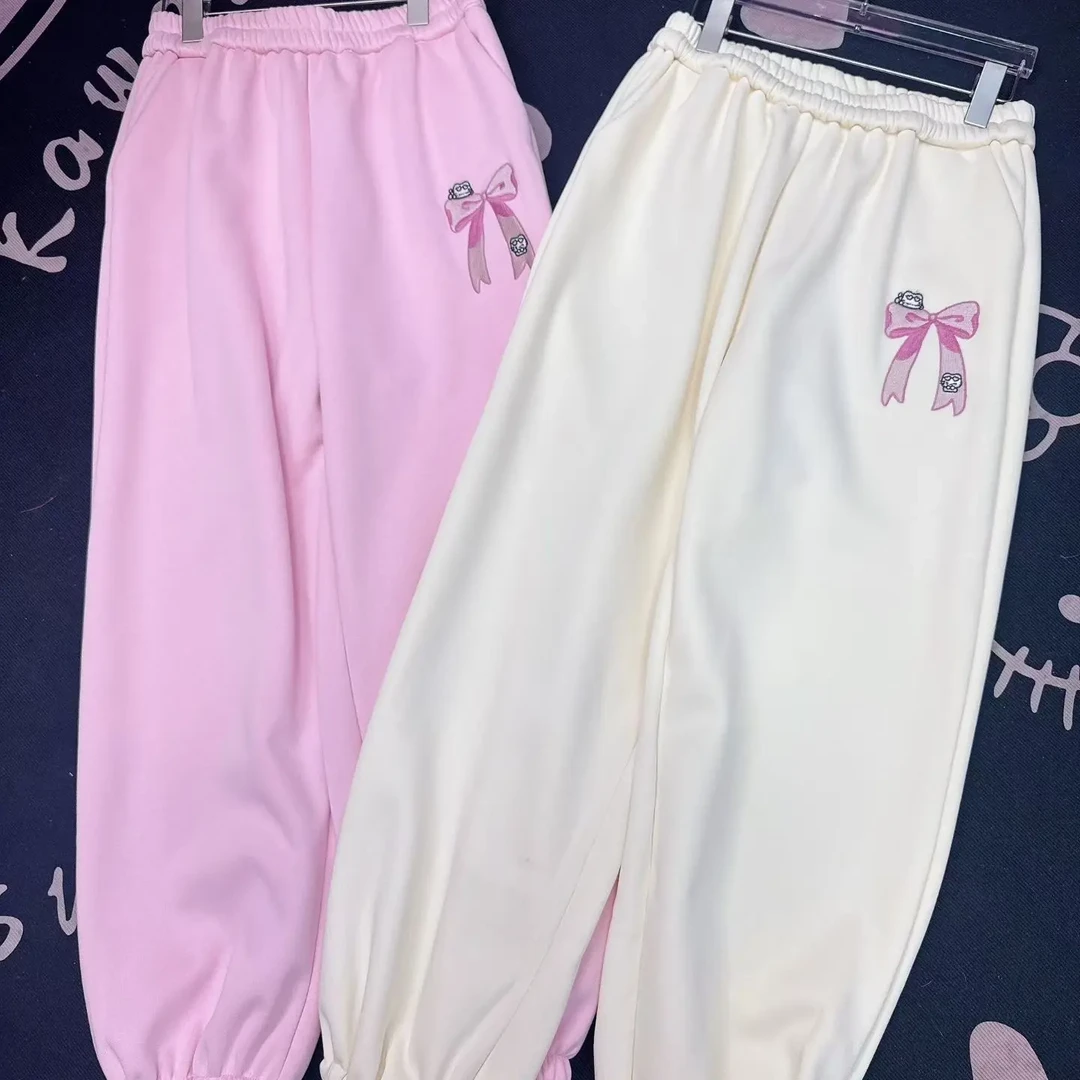 秋冬新款刺绣蝴蝶结加绒加厚卫裤