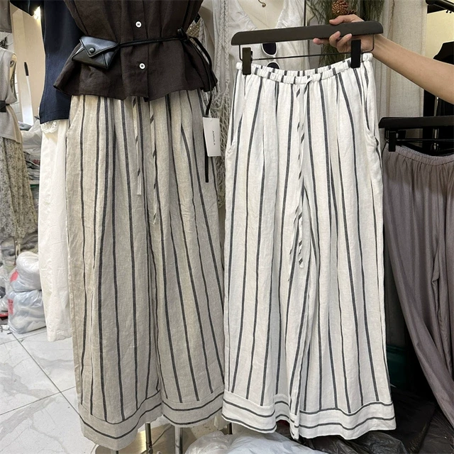亚麻竖条纹休闲裤夏季新品慵懒风拼接设计奶奶裤显瘦阔腿裤长裤子