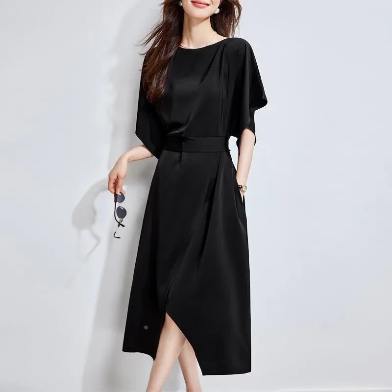 法式高级感气质连衣裙女2025夏季新款一字领蝙蝠袖收腰显瘦长裙子