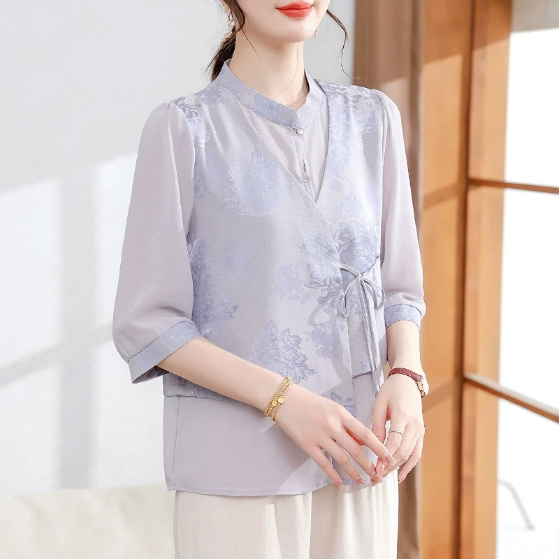 【雪夕】中老年女装国风衬衫假两件气质上衣C-X-YLQN313