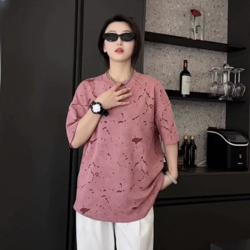 2025夏季重磅破坏风撕裂撞色提花圆领短袖男女款休闲百搭透气T恤