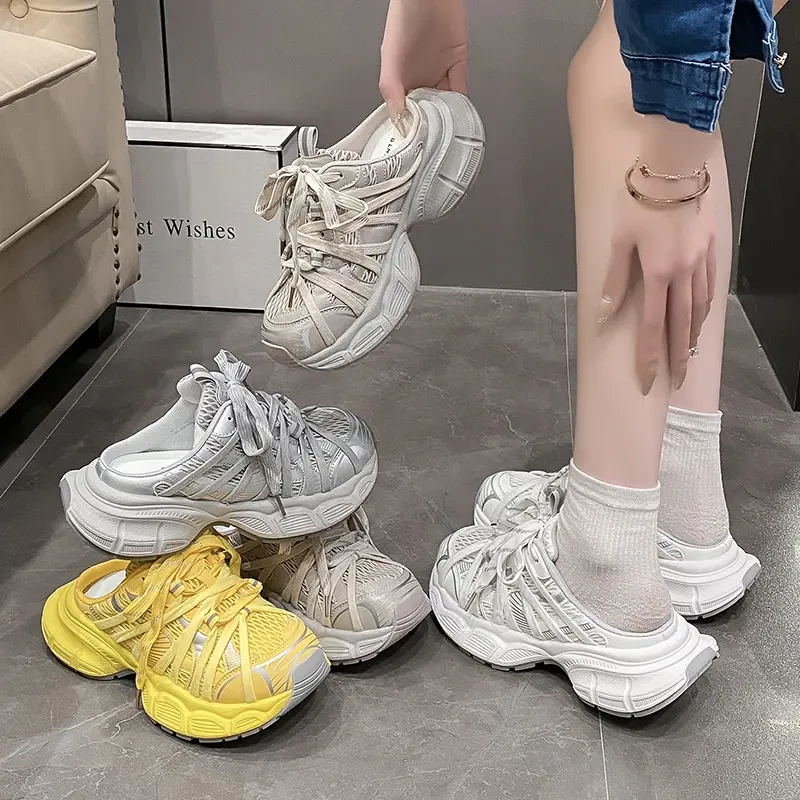 绑带包头半拖老爹鞋女2025夏季超火透气网红懒人一脚蹬运动休闲鞋