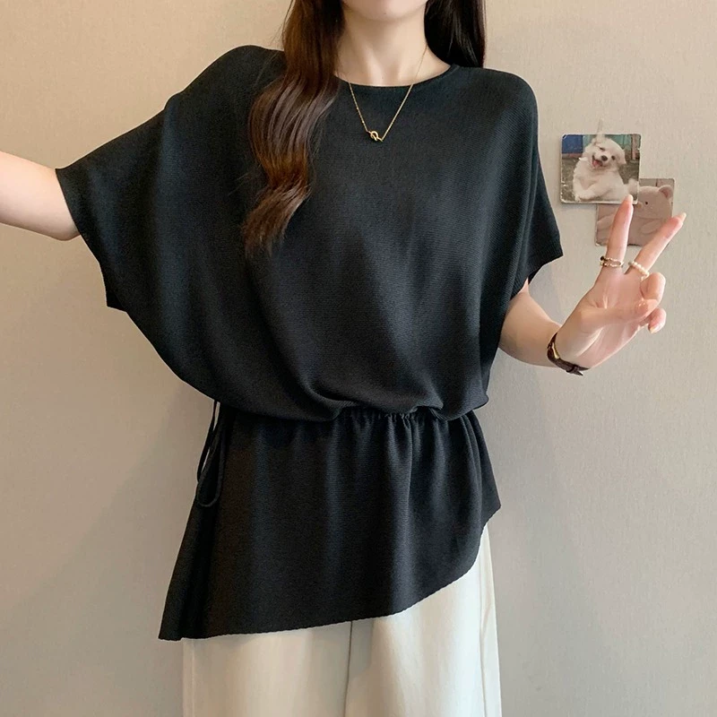 夏季设计感收腰显瘦薄款针织短袖T恤女洋气宽松遮肚子蝙蝠袖上衣