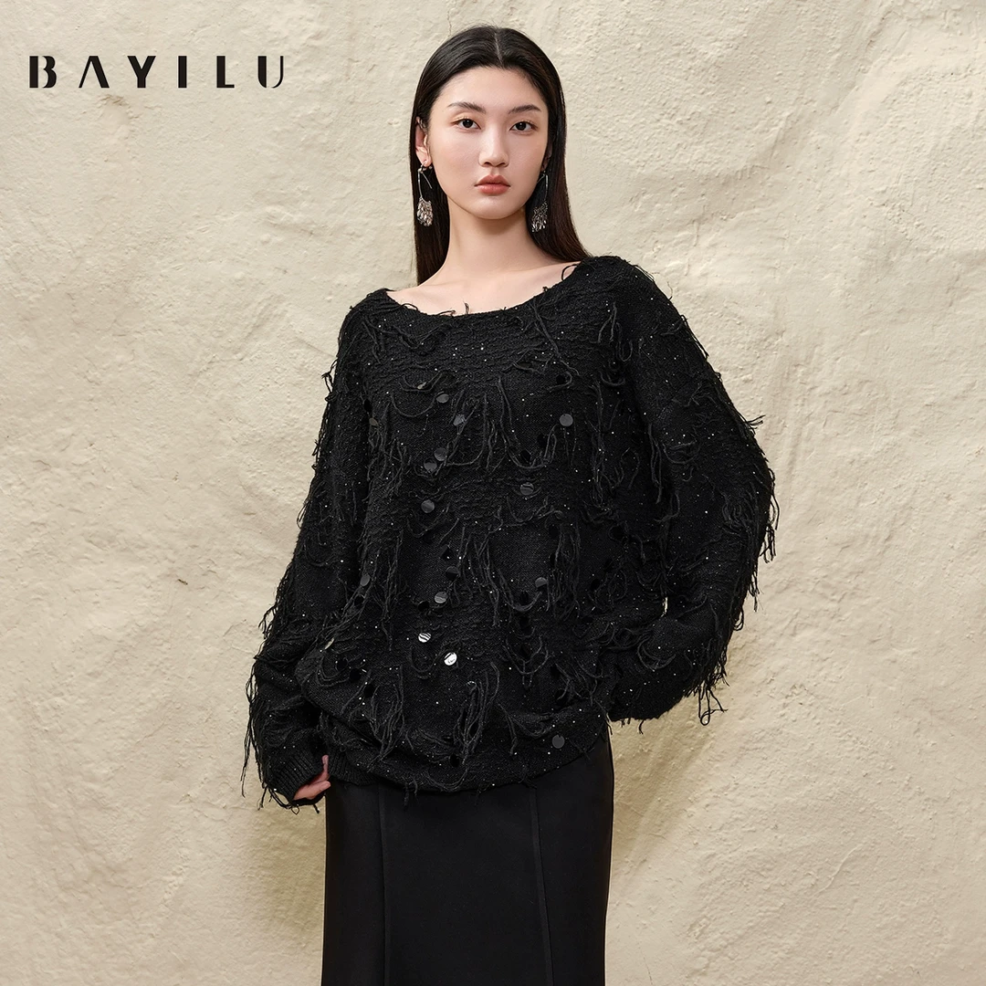 【丽姐】芭依璐2025春季毛衣女流苏亮片针织毛衫91S0713