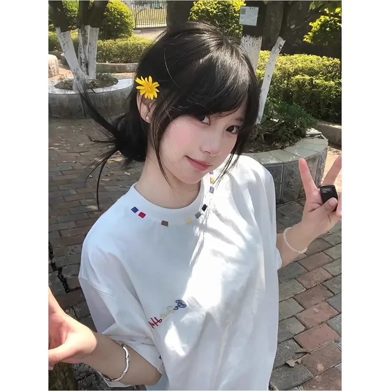 彩虹刺绣圆领短袖T恤男夏季美式潮牌重磅纯棉cleanfit情侣半截袖