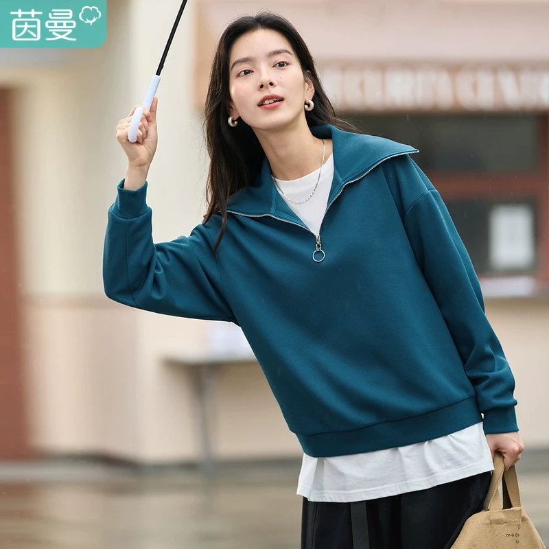 茵曼春秋女卫衣/绒衫休闲上衣新款长袖宽松拉链套头纯色POLO薄款
