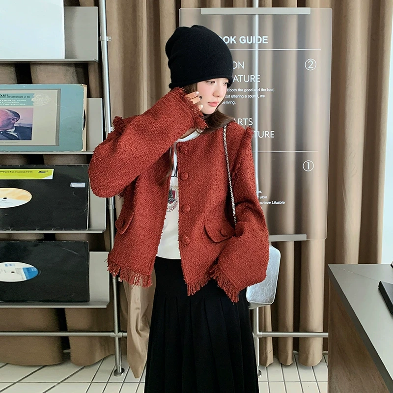 时尚女上衣外套2025春秋装新款洋气安可拉红小香风褂子韩版短款潮